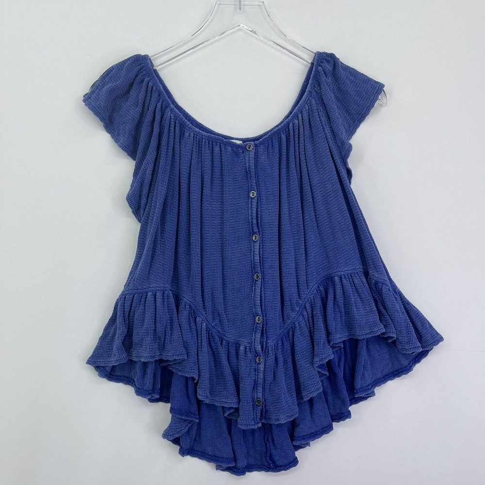 We The Free People Blouse Womens Small Blue Waffle Knit Ruffle Button Up Top